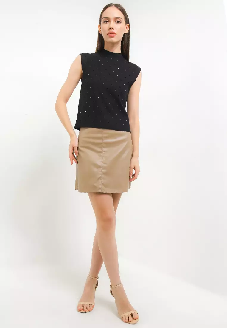 S/S Mock Neck Rhinestones Knit Tank Top
