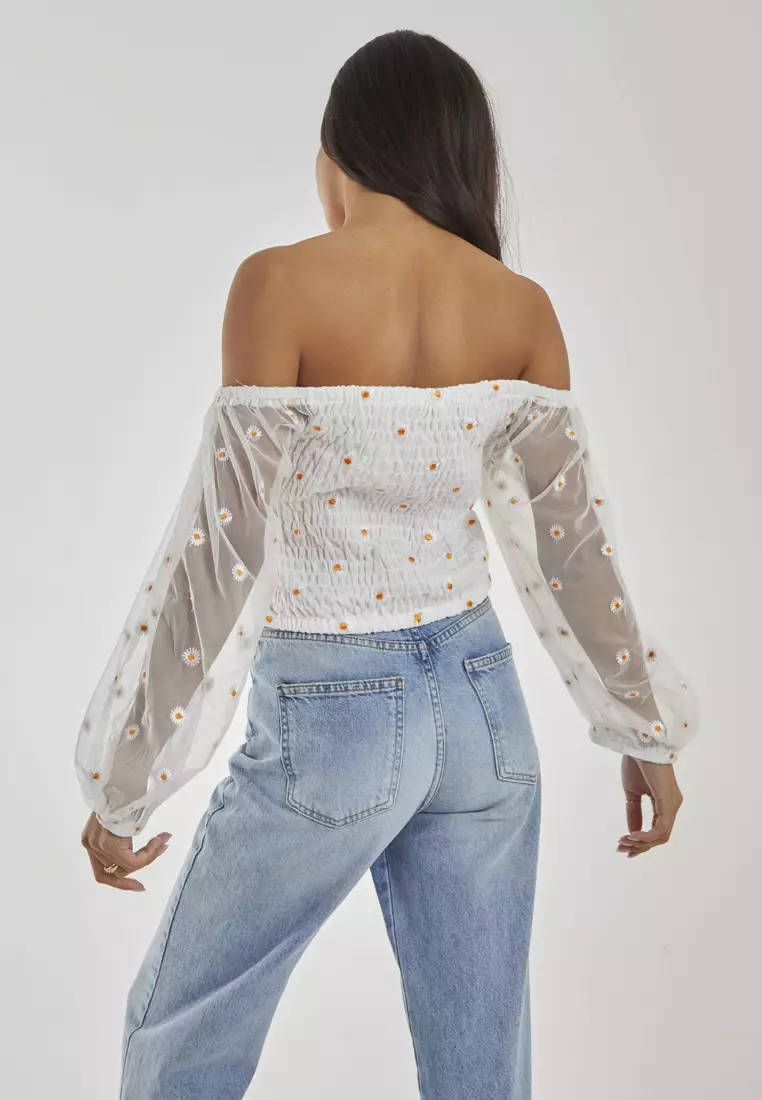 Pink Vanilla White Shirred Mesh Daisy Top