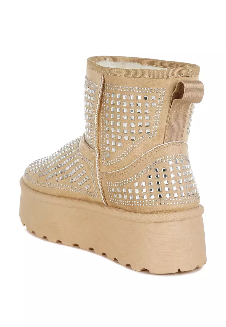 Chunky Rhinestones Ankle Boots in Beige