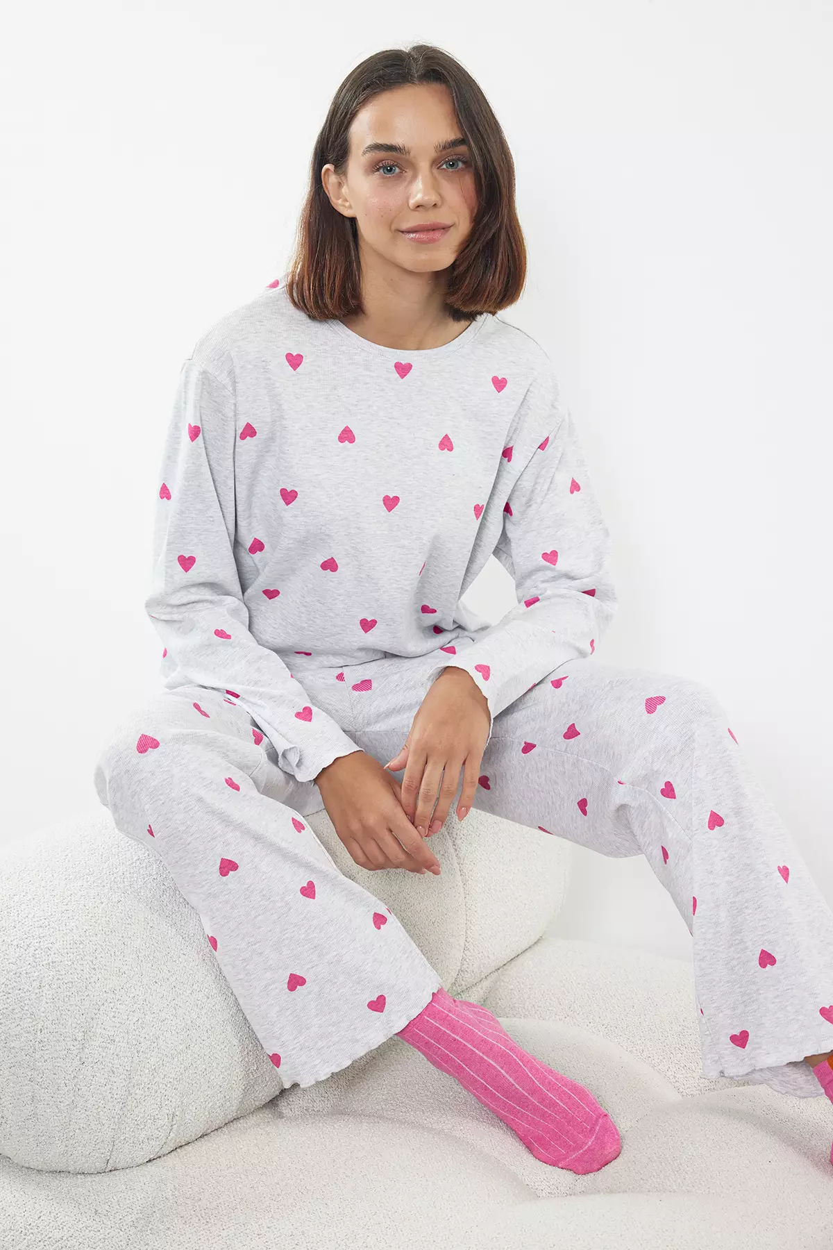Grey Melange Heart Slogan Printed Elastic Knitted Pajama Set