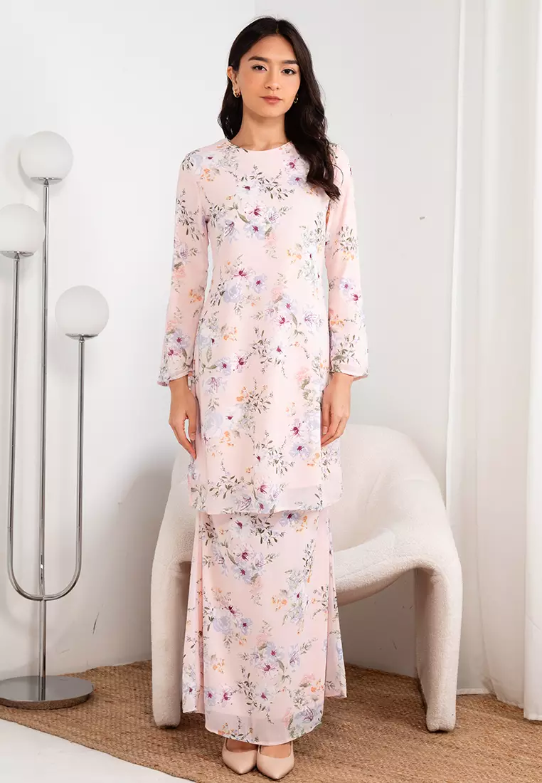 Pastel Pink Misty Floral Baju Kurung Moden Chiffon