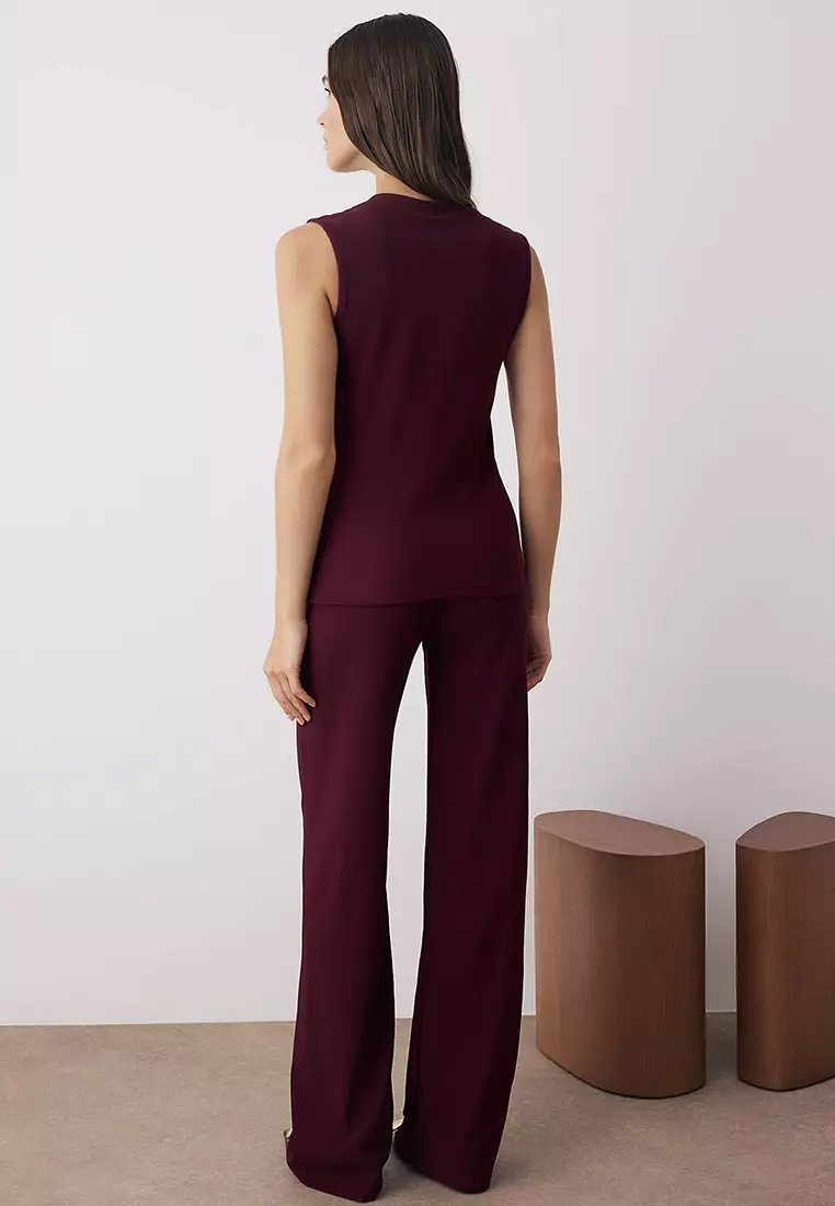 Plum Zero Sleeve Ottoman Bodycon Button Detailed Stretchy Knitted Bottom - Top Set Twoaw26Au83