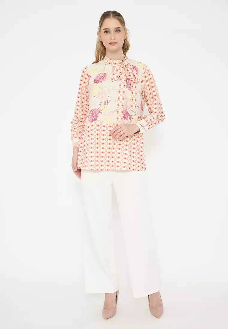 Sunset Floral Blouse With Tape Detail By Brilliant Girl Warna CREAM