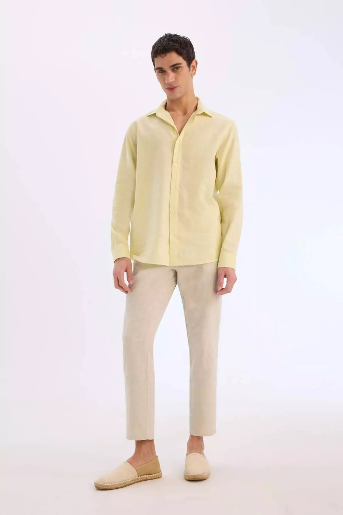 Regular Fit Polo Collar Linen Blended Summer Long Sleeve Shirt E0555Ax25Sm