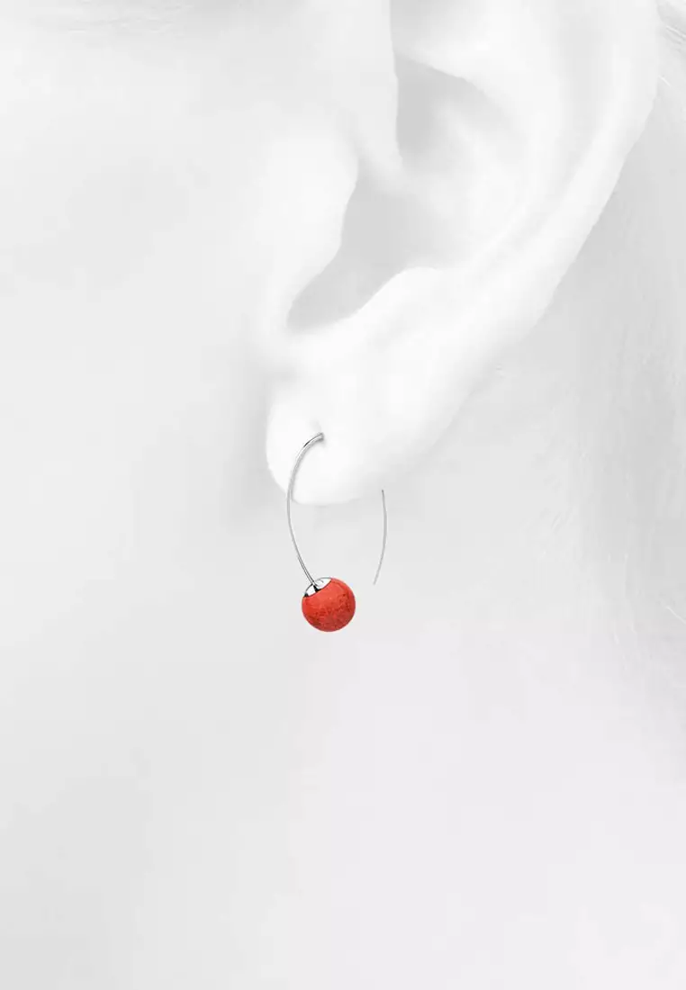 Round Red Coral Dangle Earrings-Silver/Red