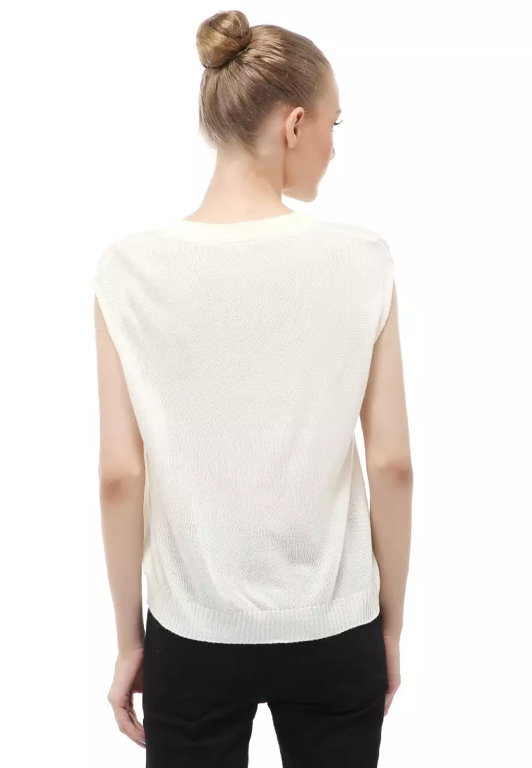 Vest Knit Atasan Wanita Sleeves Kerah V-neck Design Simple - White