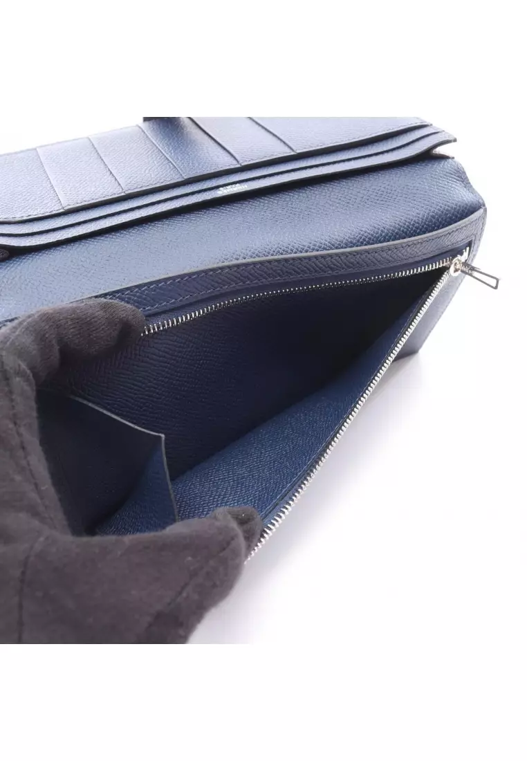 Pre-Loved Hermès bear souffle broodmalt Bi-fold Long Wallet Veau epsom dark blue silver hardware B stamp