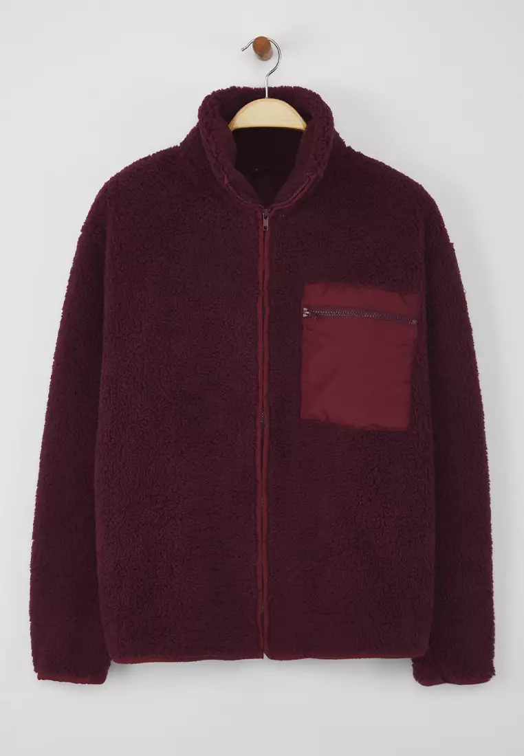 Winter Essentials Plum Fleece Zippered Stand-Up Collar Pocket Detailed Knitted Sweatshirt Twoaw24Sw00071