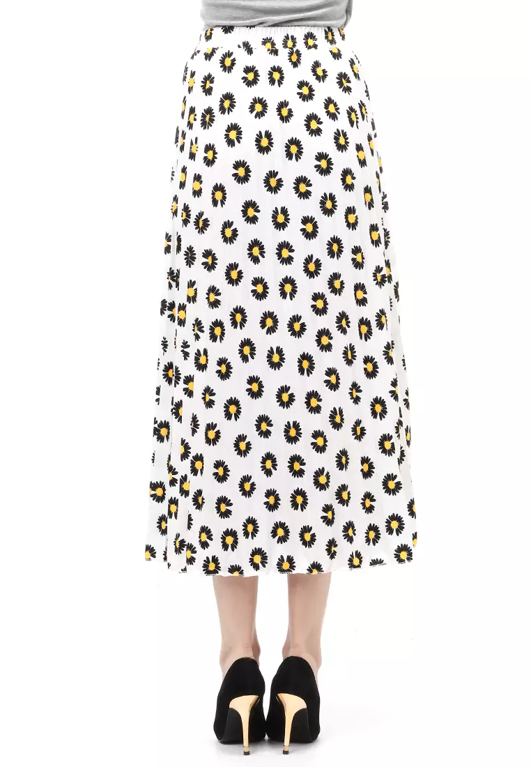 Rok Plisket Motif Print Design Vintage Rubbery Waist Bawahan Wanita - Daisy Putih