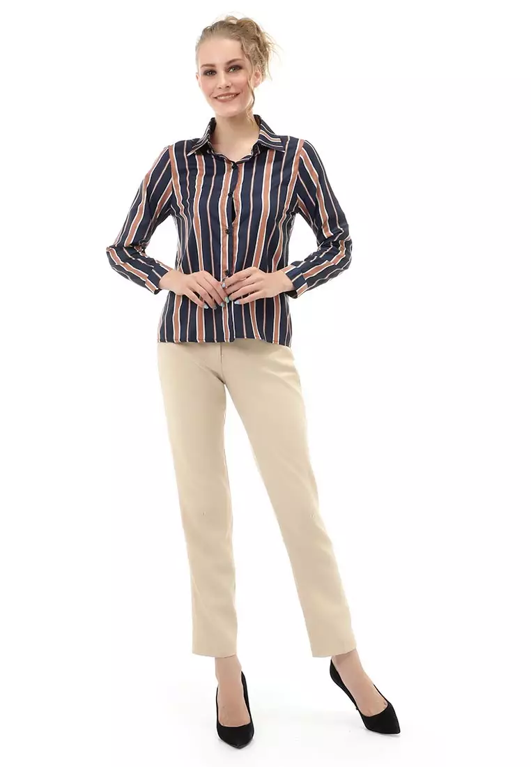Holly Kemeja Atasan Kasual Wanita Lengan Panjang Motif Garis Material Polyester ORIGINAL - Navy