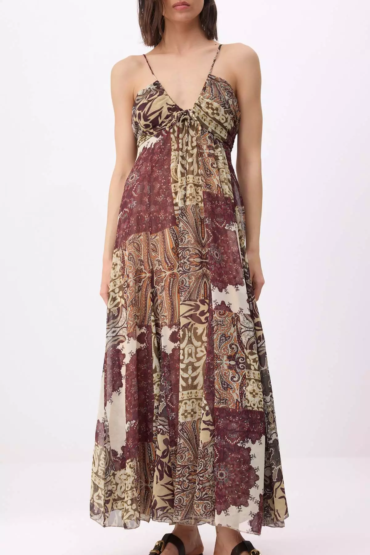 Brown-Multicolor Abstract Patterned Maxi Woven Dress Twoss26El761