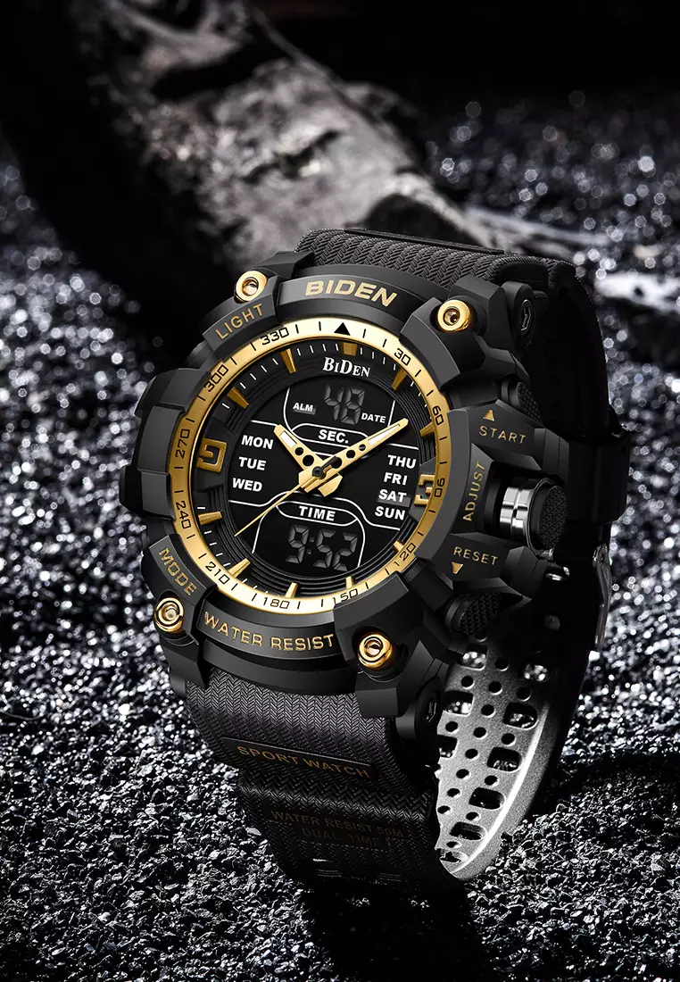 BIDEN Jam Tangan Pria Militer Tali Silikon Analog&Digital Display Jam Tangan Cowok BlackGold