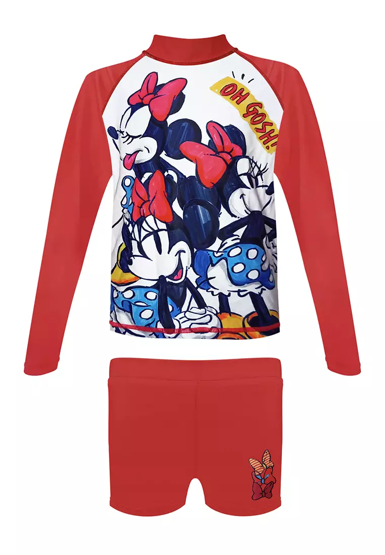 DISNEY Minnie Mouse Long Sleeved Rashguard Boyleg Shorts Set Girls Kid Swimwear