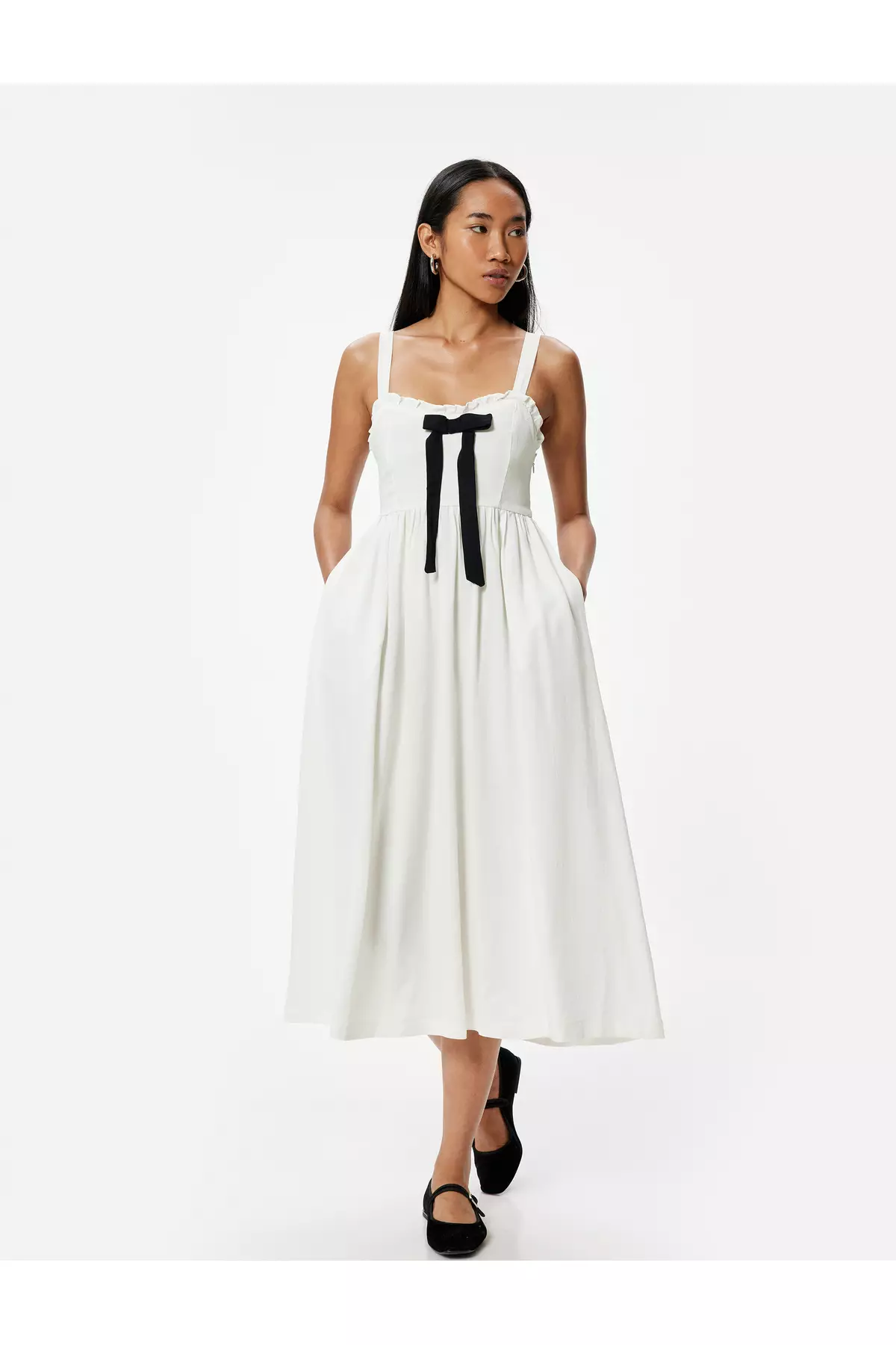 Midi Linen Dress Bow Detail Thick Straps and Pockets