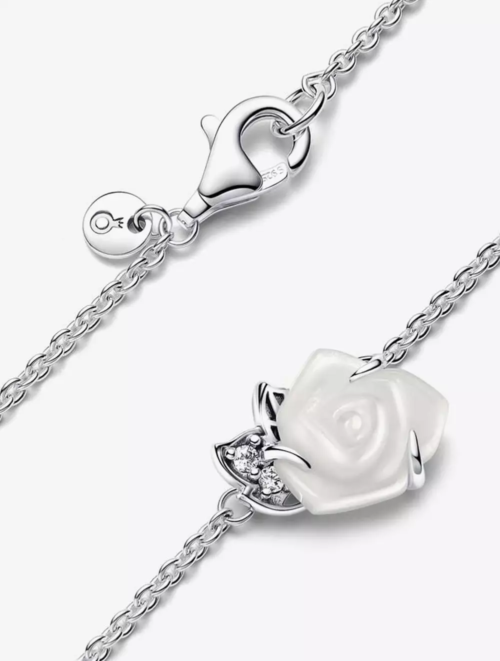 Rose sterling silver pendant necklace with white bioresin man-made mother of pearl and clear cubic zirconia