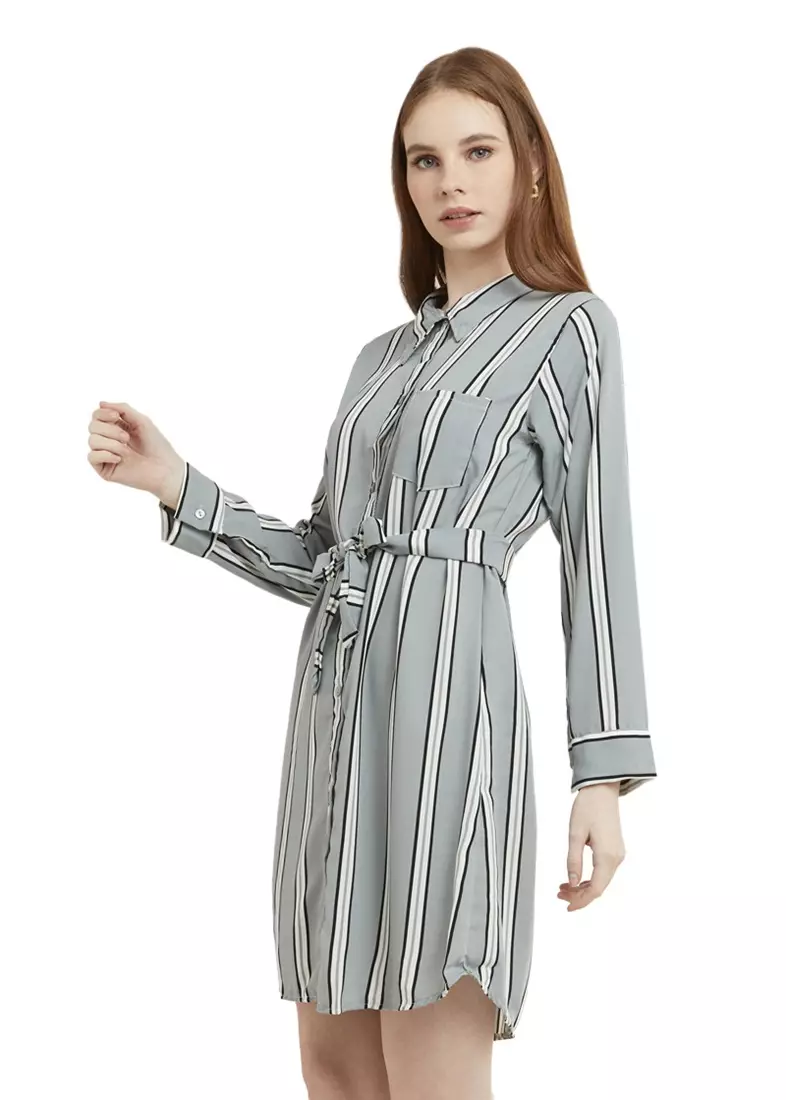 Mini Dress Chic With Belt Lengan Panjang Garis Dual Tone Color Baju Wanita - Grey