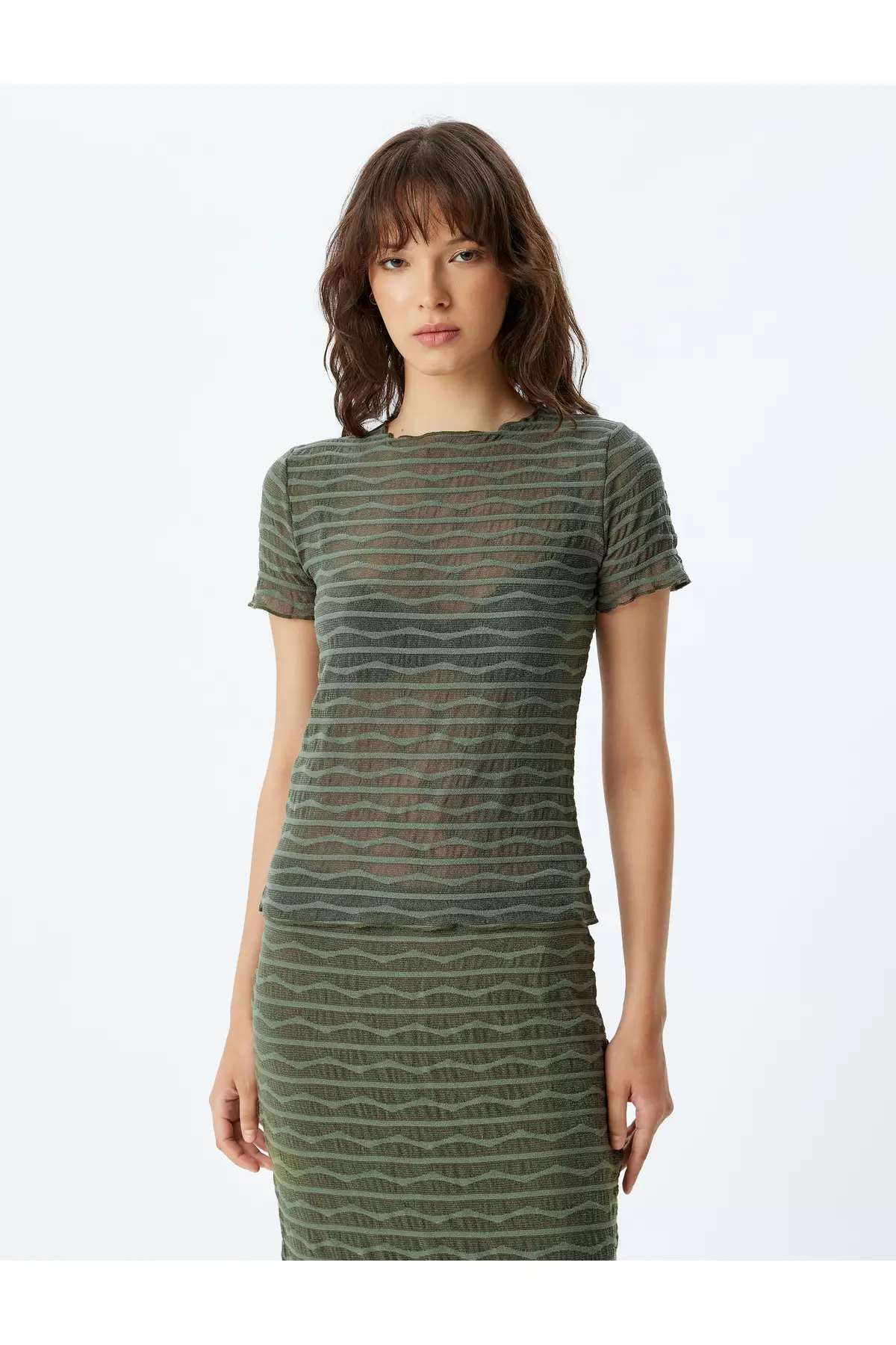 Short Sleeve Round Neck Striped Semi-Transparent Crop T-Shirt