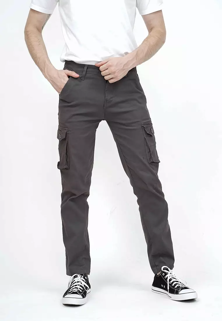 Celana Panjang kargo Pria Slim Fit Cargo pants kantong stretch melar abu tua
