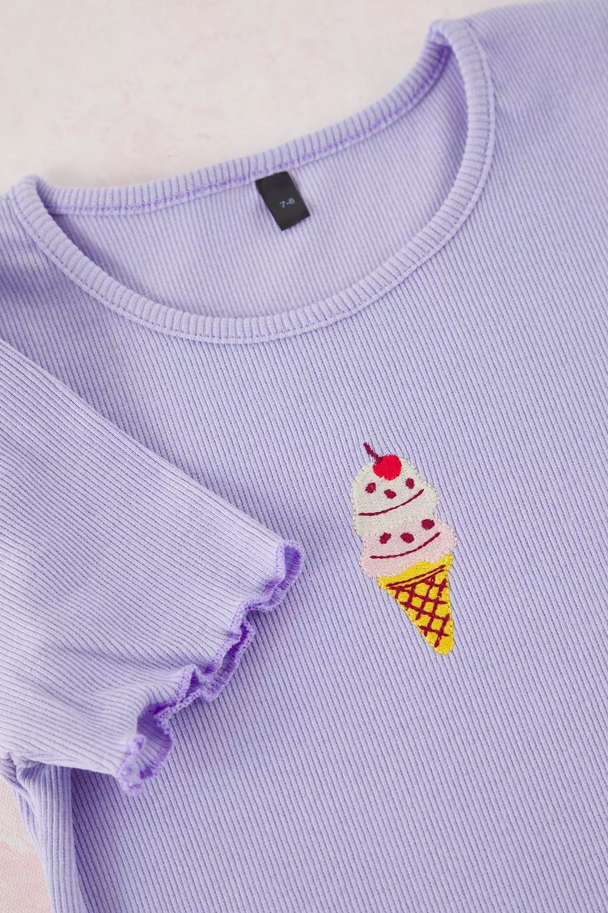 Lilac-Yellow Embroidered Girls' Knitted T-Shirt Tkdss25Ts00027