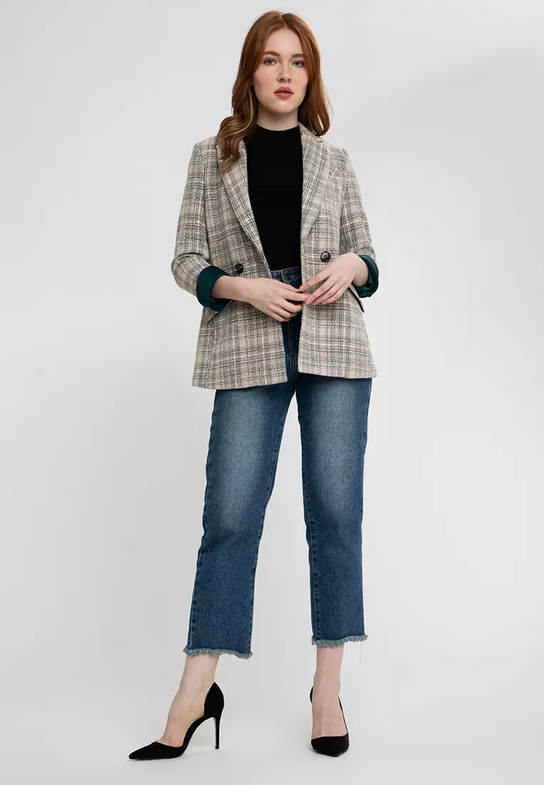 Contrast Cuff Woolen Plaid Blazer