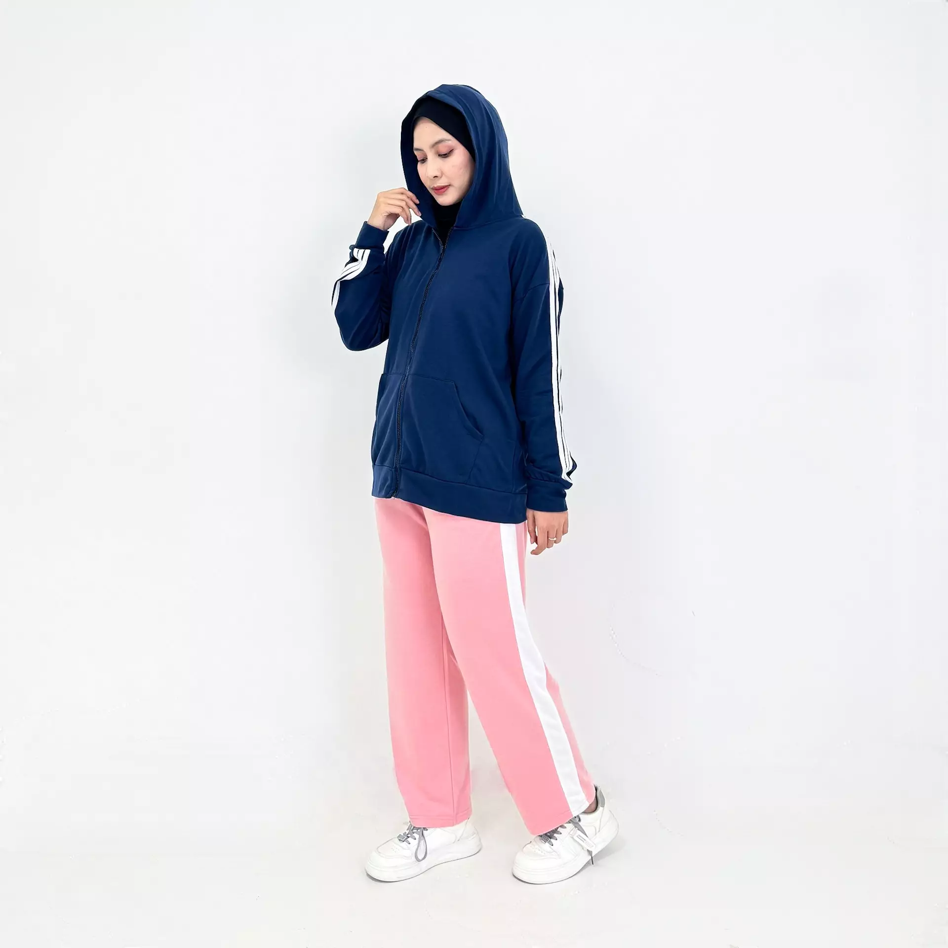 Set Sporty Riska | Setelan Hoodie Olahraga Wanita NAVY - PINK
