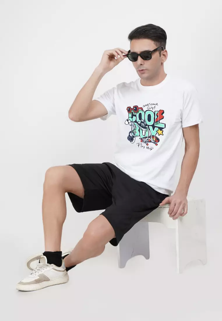 Cool Boy 图案白色纯棉标准版型T恤/短袖T恤，圆领