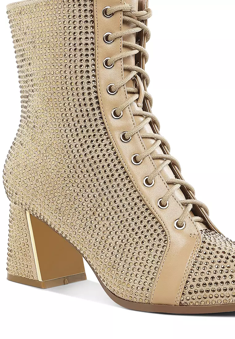 Rhinestone Embellished Ankle Boots In Beige