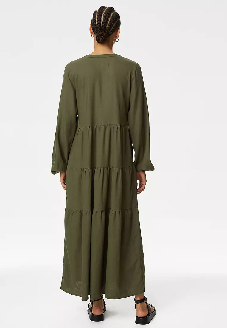 Linen Rich V-Neck Midaxi Tiered Dress