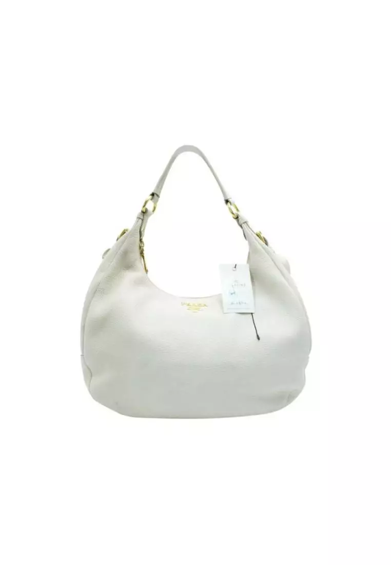 Pre Loved PRADA Ivory Cream Grained Leather Hobo Bag