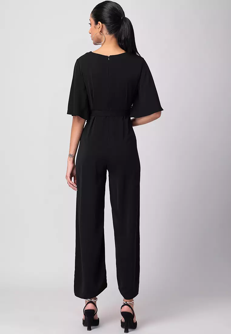 Black Flare Sleeve Jumpsuit with Self Fabric Buckle Belt