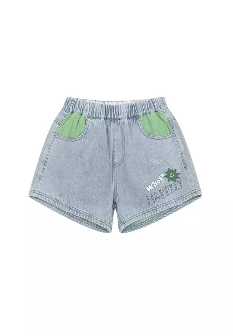 Two-Colour Pocket Geometric Embroidered Logo Denim Shorts