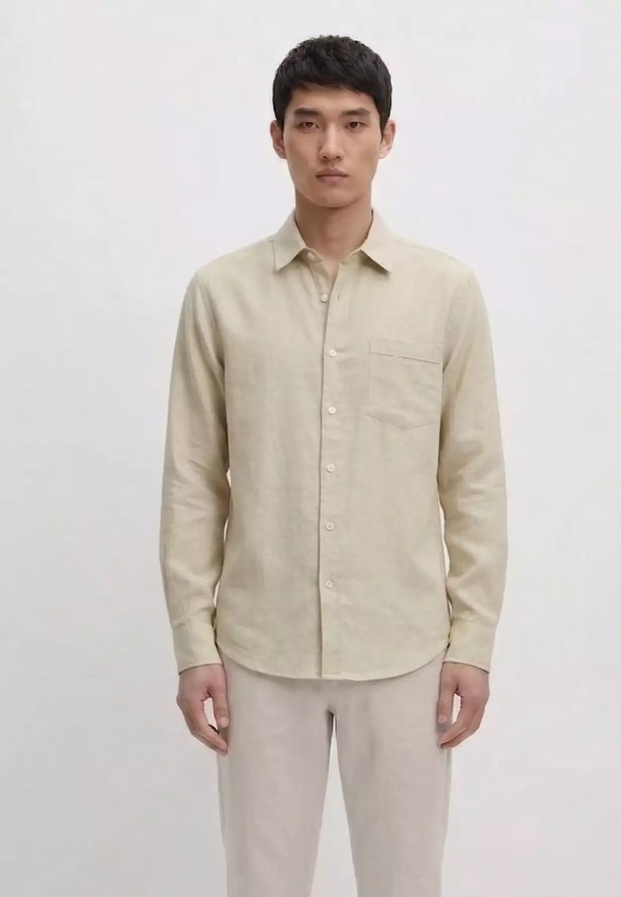 Cotton Linen Basic Shirt MEN'S LONG - SLEEVE POCKET STANDART FIT SHIRT