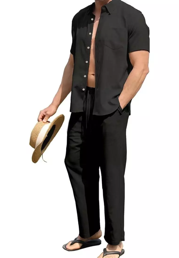 Punaluu Set Kemeja Celana Linen Pria Hitam | Linen Set Men Black