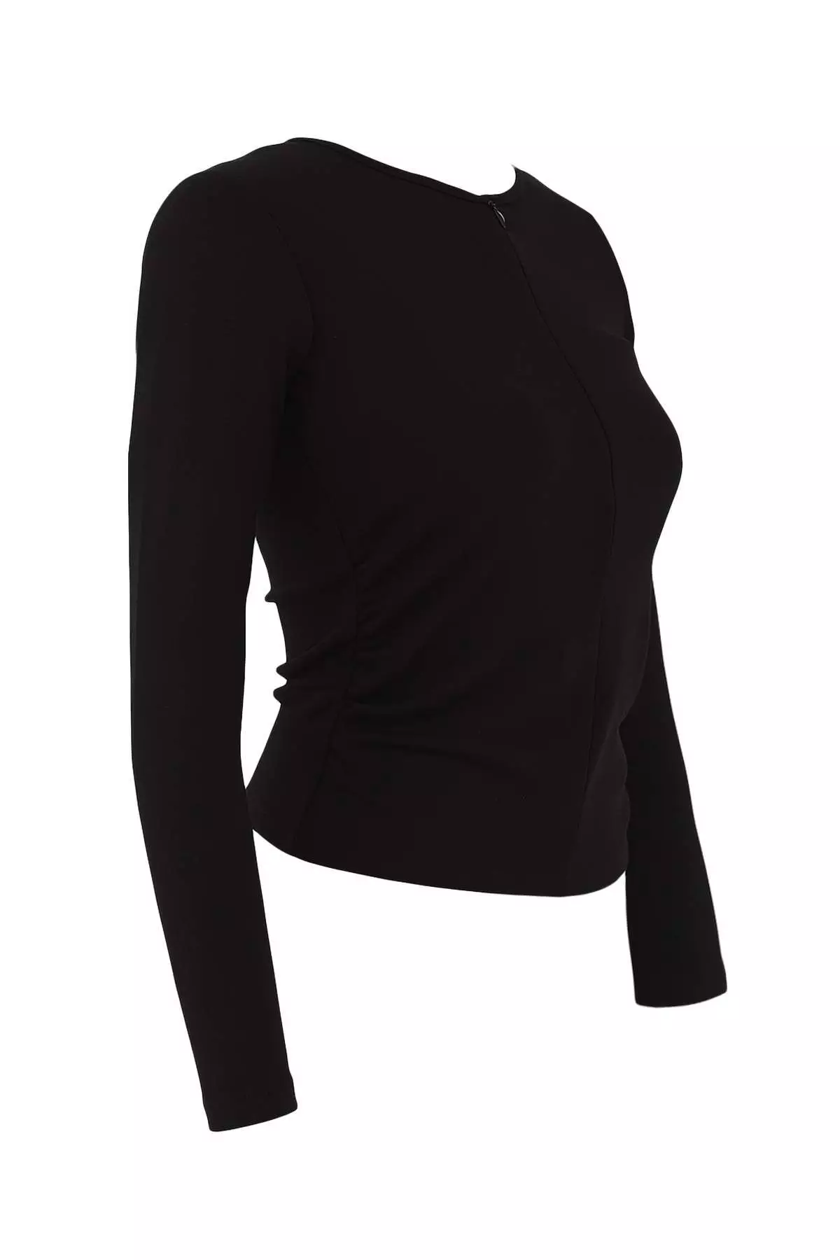 Black Fitted/Fits The Body Double Look Half Zippered Double Layered Knitted Blouse