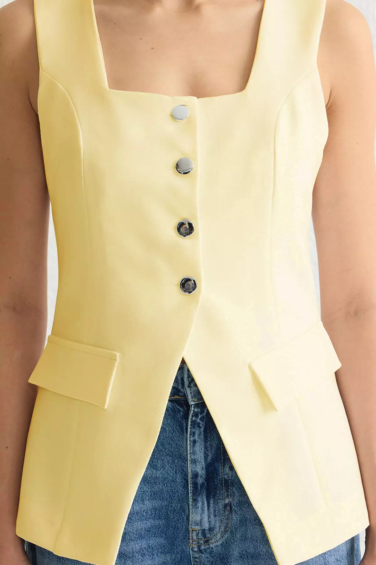 Yellow Fitted Square Neck Thick Strap Vest Vest