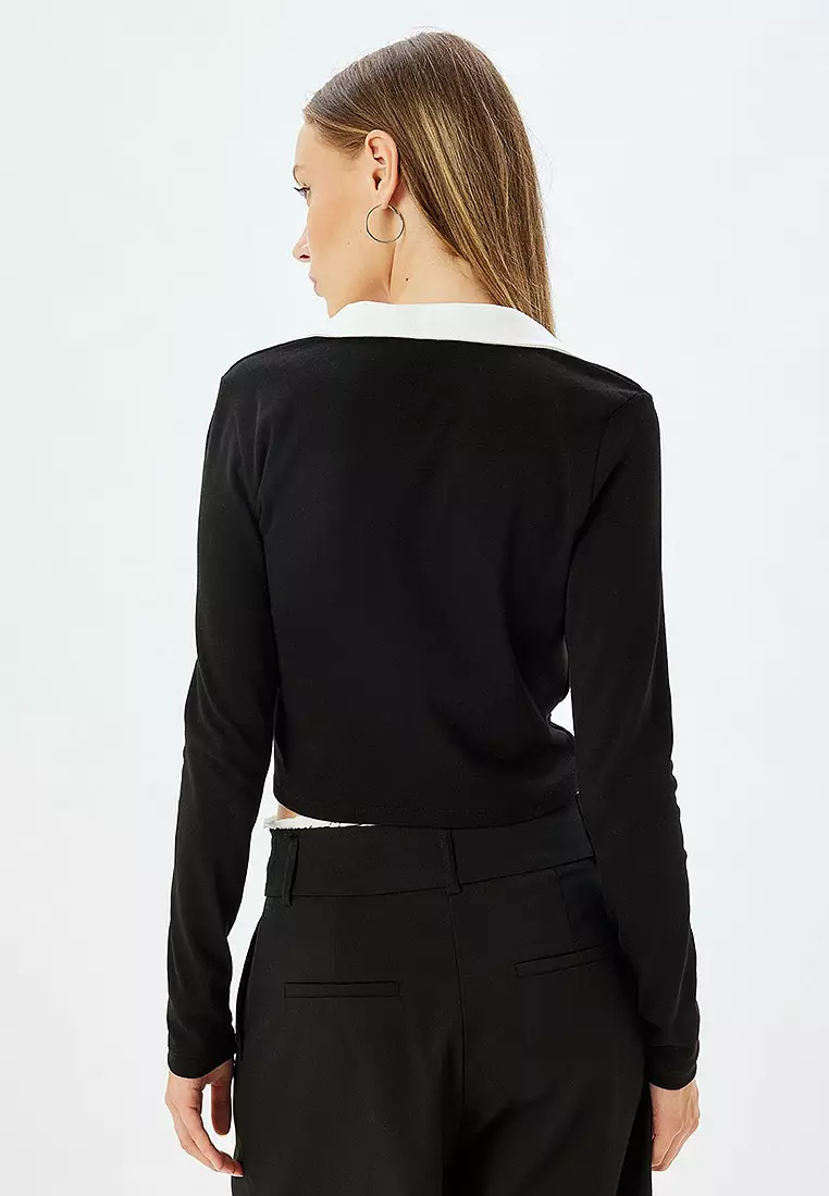 Polo Neck T-Shirt Crop Long Sleeve College Printed Piping Slim Fit