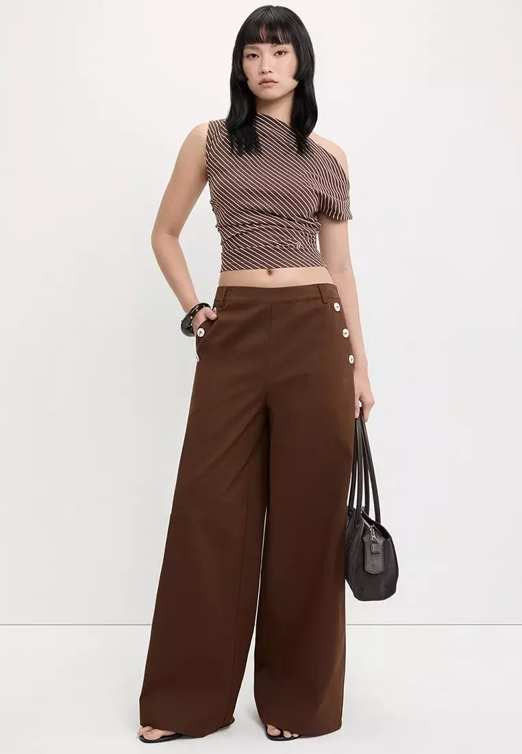 Wide Leg Cotton Twill Pants with Side Button Graphic Pockets - Brown