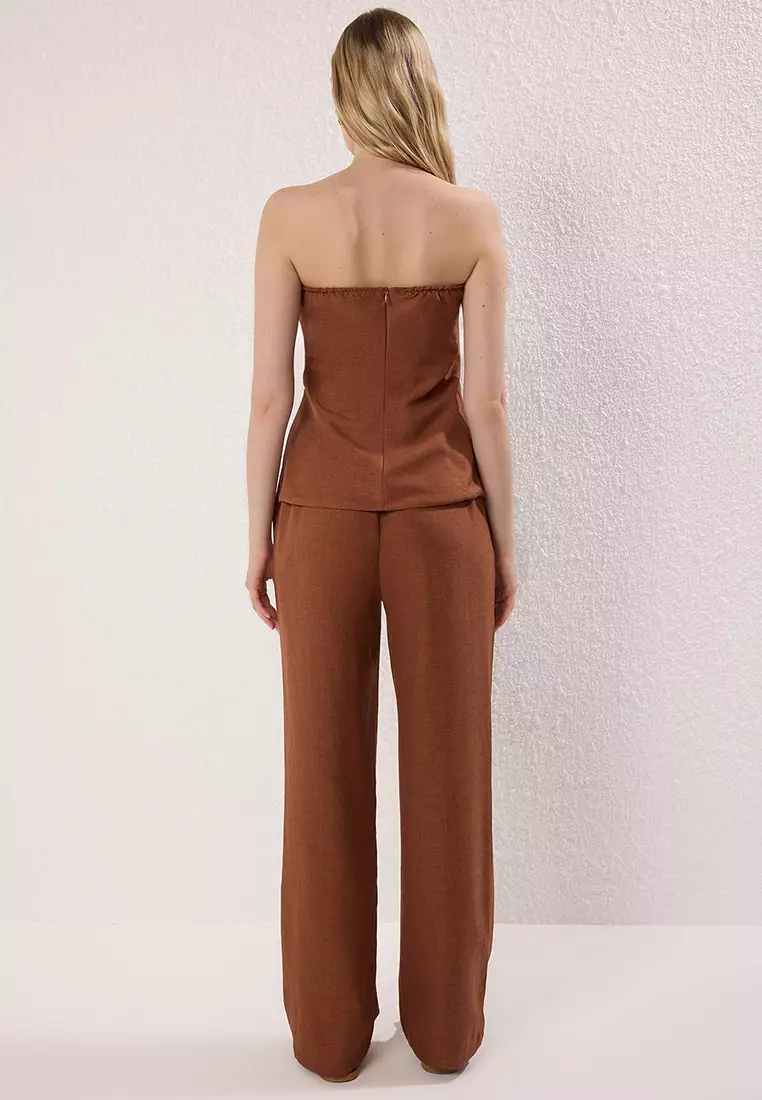 Brown Linen Look Strapless Blouse and Trousers Woven Bottom-Top Set TWOSS25AU00092