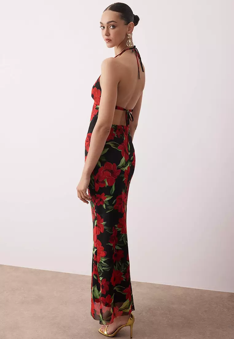 Red Multicolor Lined Tulle Evening Dress