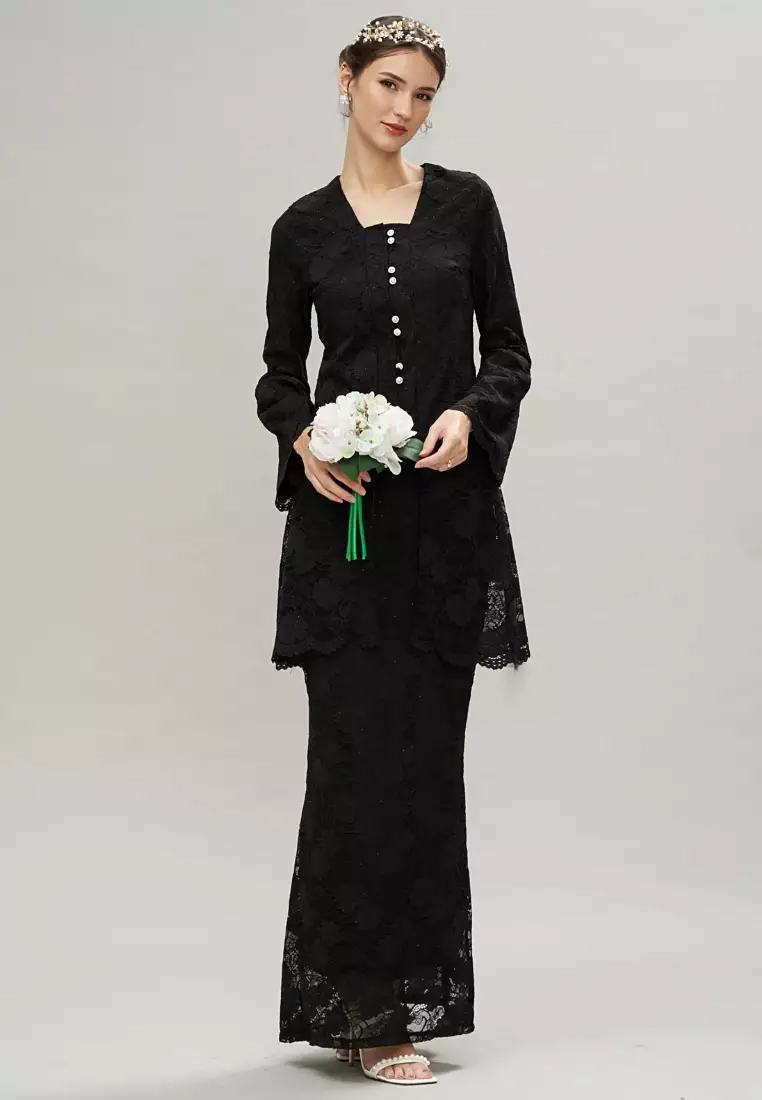 Loveaisyah Black Lace Puff Sleeve Modern Kebaya and Maxi Lace Skirt Hari Raya