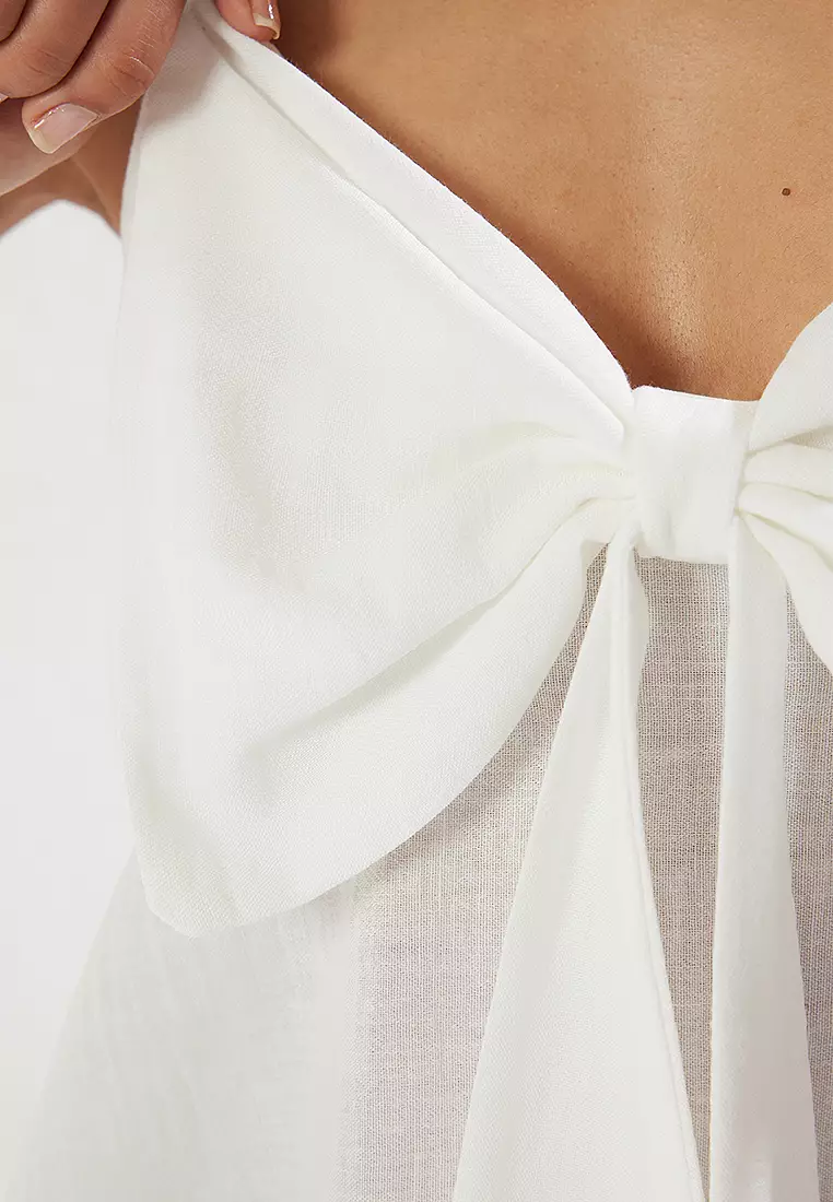 White Linen Look Bow Detail Woven Blouse With Straps