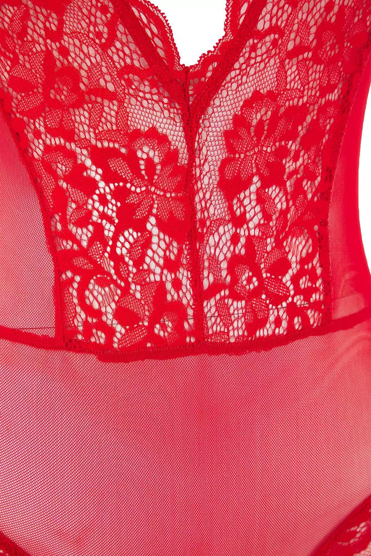 Red Tulle Lace Detailed Uncovered Knitted Bodysuit