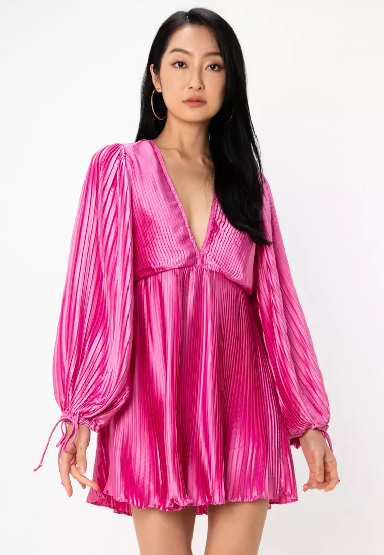 Buy ASOS Design Satin Pleat Plunge Blouson Sleeves Mini Dress 2025