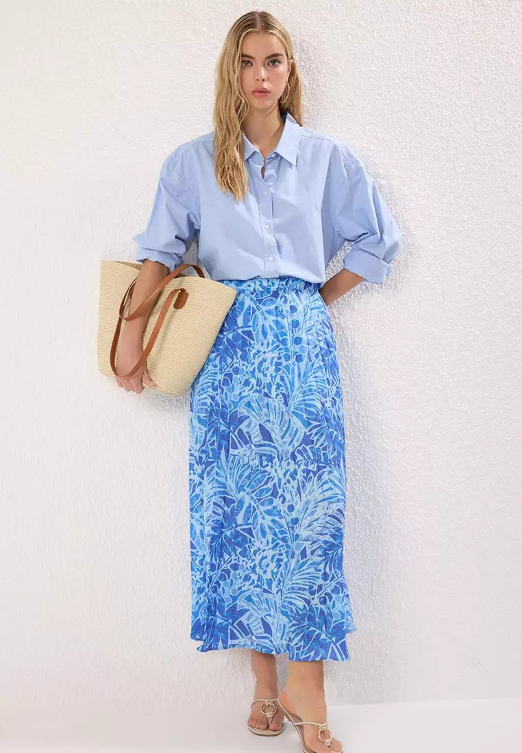 Blue Floral Patterned Pleated Elastic Waist Woven Skirt Tctss23Ee00018