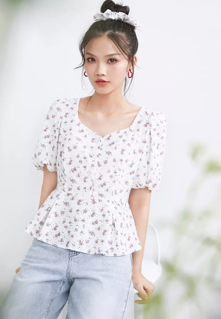 Puff Sleeve Square Neck Floral Blouse