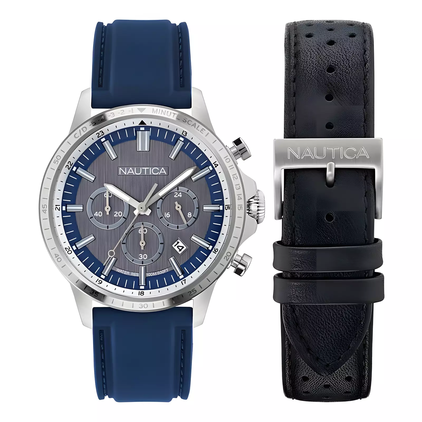 Nautica NCT Blue Ocean BoxSet - Jam Tangan Chronograph Pria - Rubber & Leather Strap - NAPBOS504