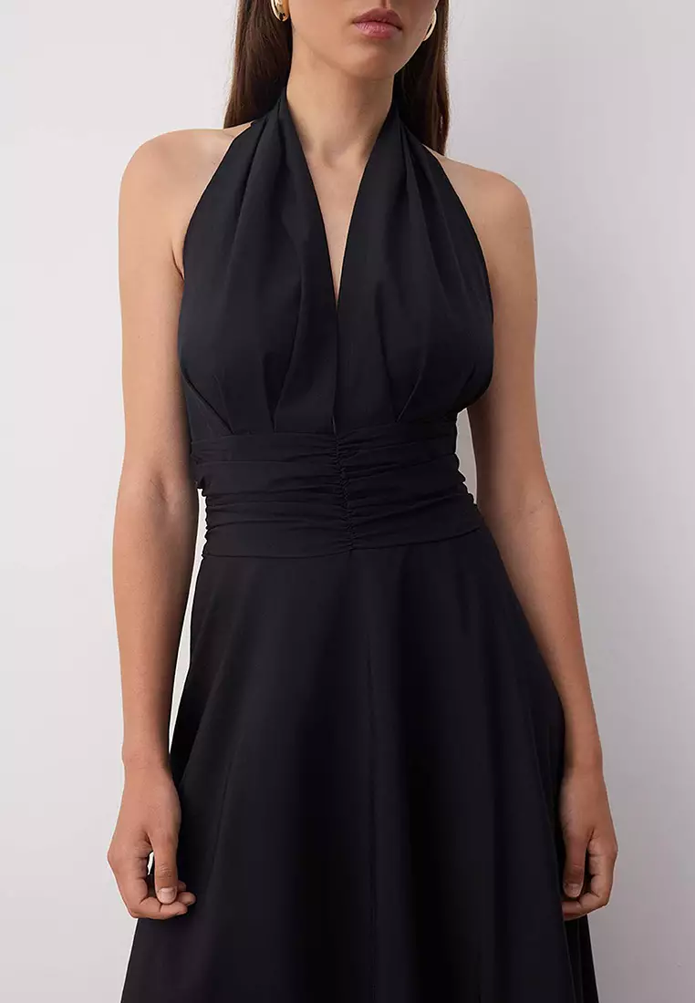 Black Low-Cut Halter Neck Poplin Lined Woven Dress