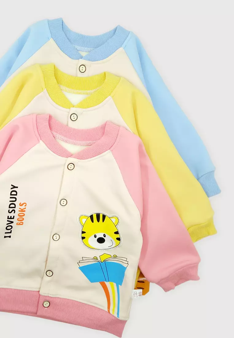 Jaket Bayi Baseball Fleece Atasan Sweater Kancing Anak Import Tebal dan Lembut Motif  Love Book Cat 4407 Biru