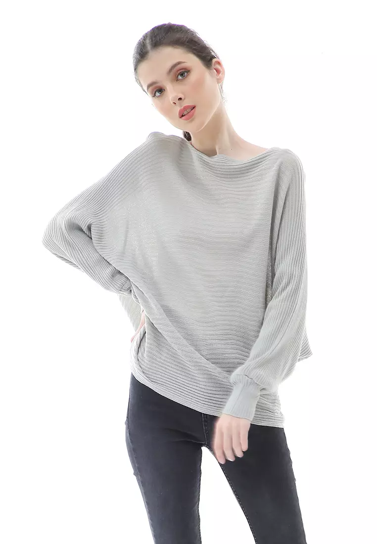 Eveline Sweater Rajut Batwing Atasan Wanita Motif Polos High Quality - Abu Muda