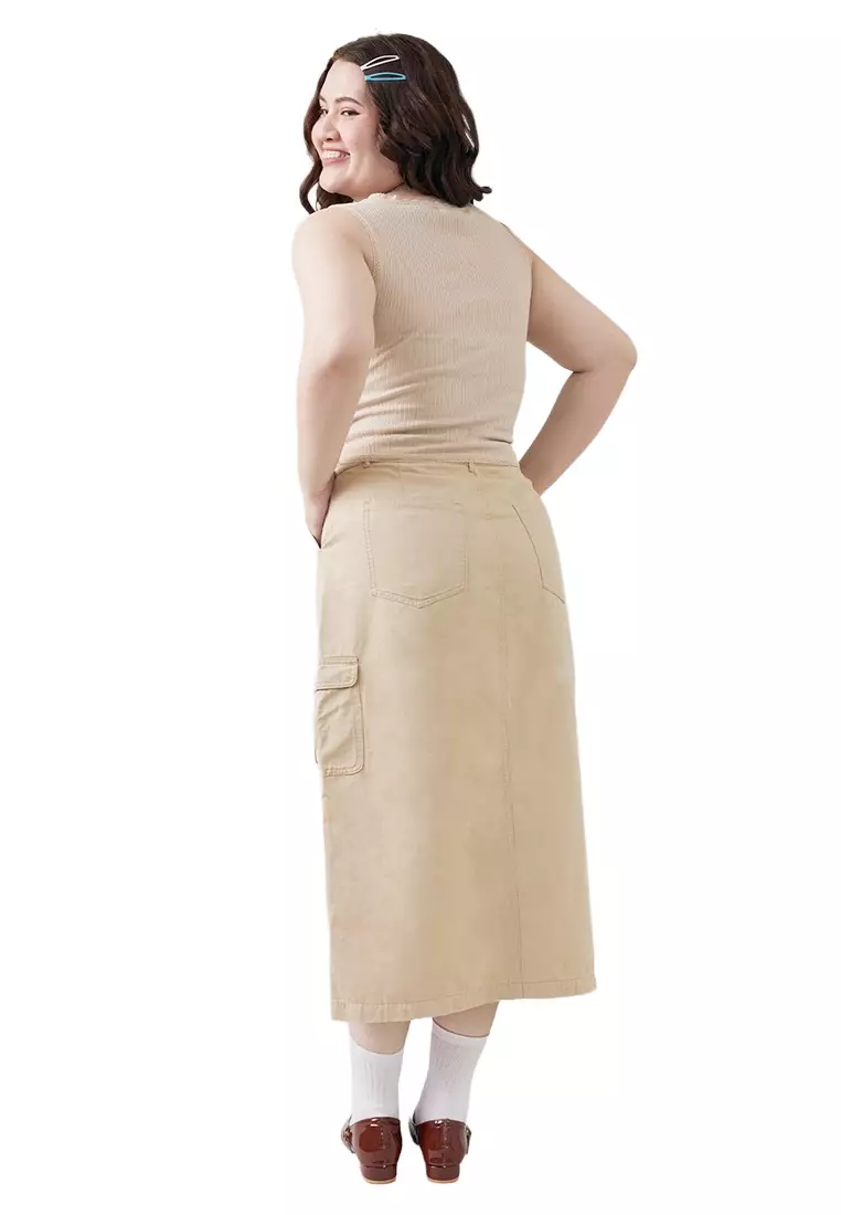 Mid Waist Cargo Midi Skirt With Front Slit